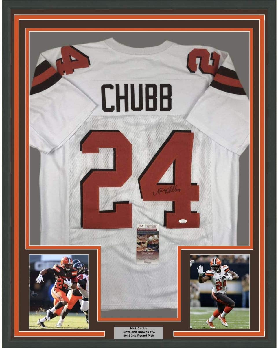 Framed Autographed/Signed Nick Chubb 35x39 Cleveland White Football Jersey JSA COA