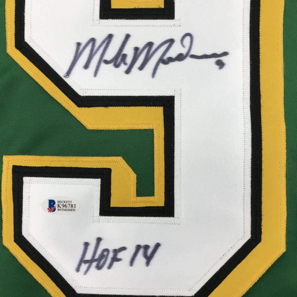 Autographed/Signed Mike Modano Minnesota Green Hockey Jersey Beckett BAS COA
