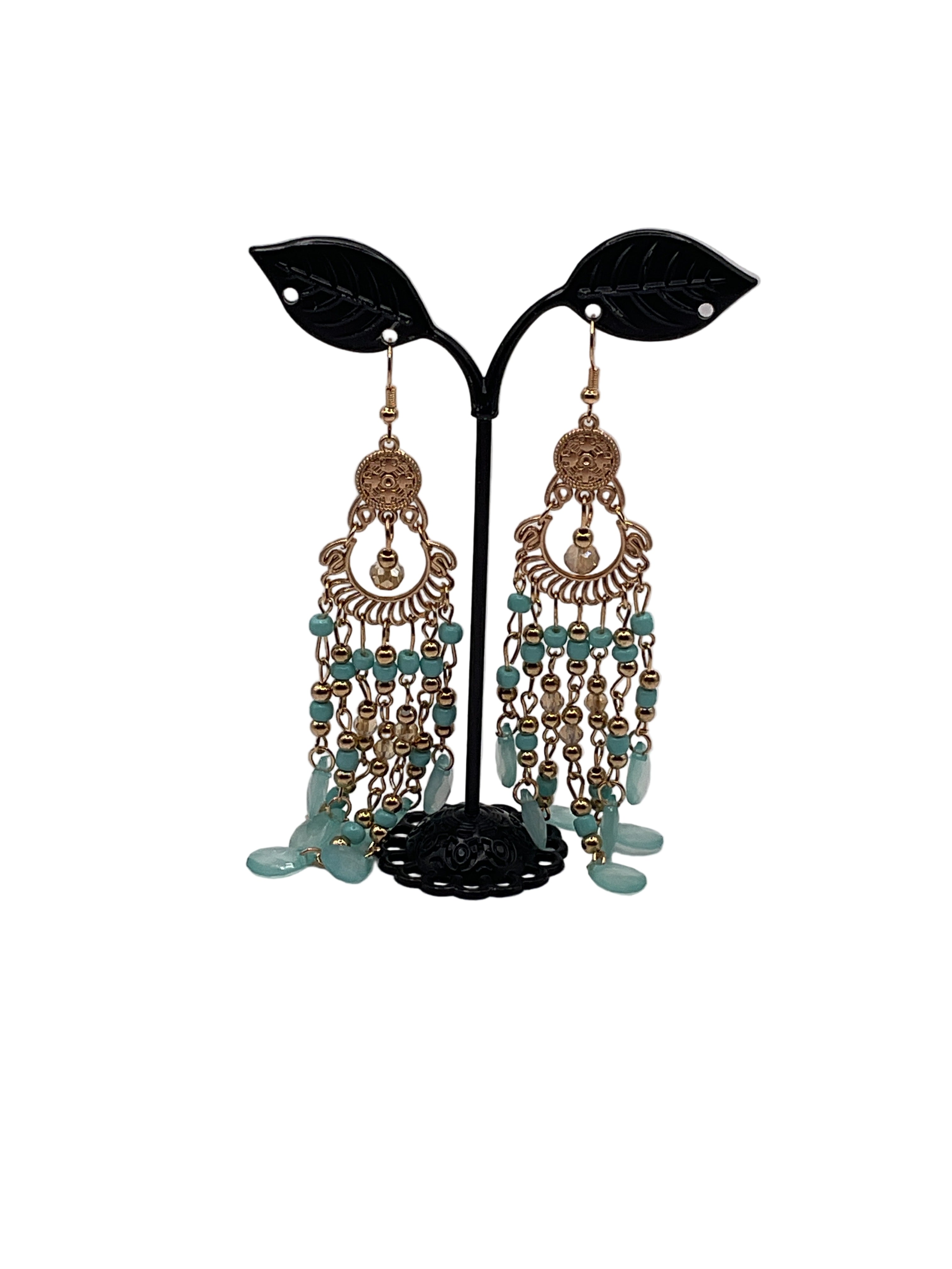 Blue and Golden Beaded Earrings