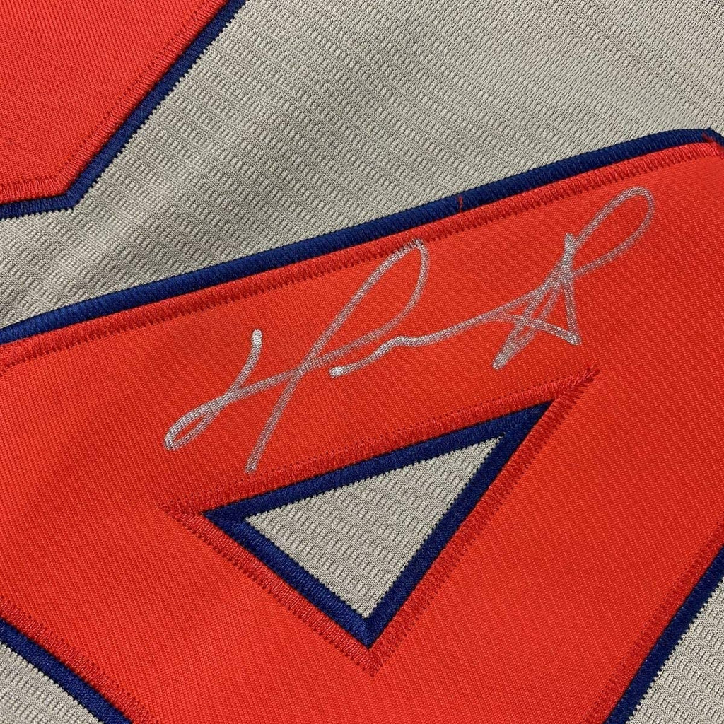 Framed Autographed/Signed David Ortiz 35x39 Boston Grey Baseball Jersey JSA COA