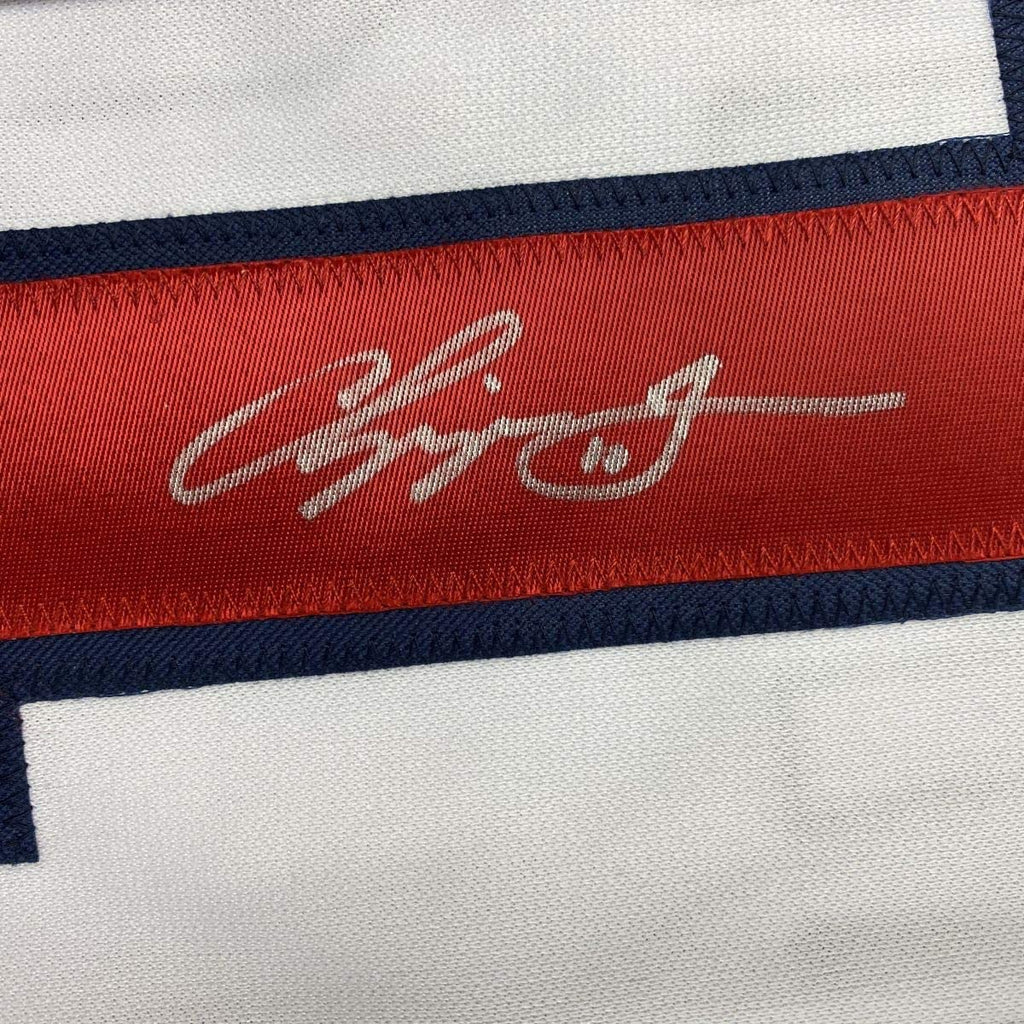 Autographed/Signed Chipper Jones Atlanta White Stat Baseball Jersey JSA COA