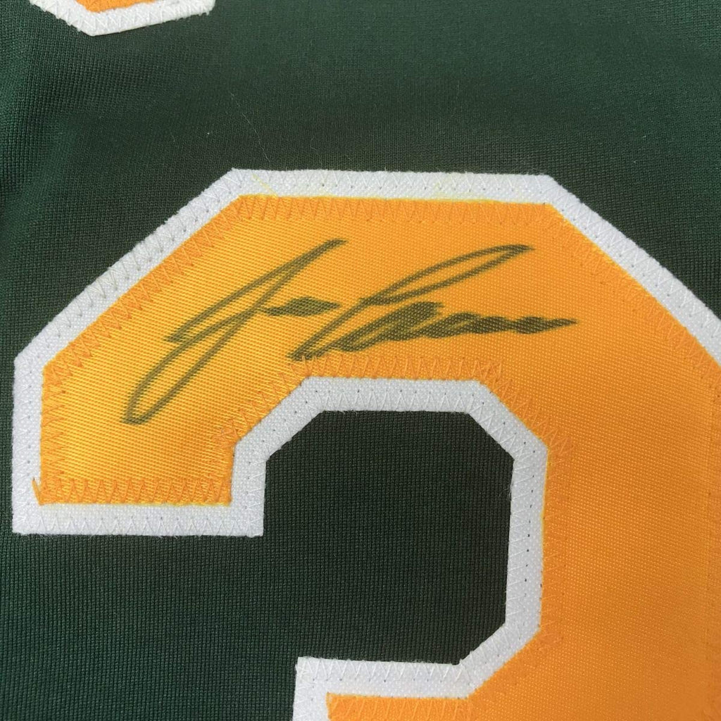 Autographed/Signed Jose Canseco Oakland Dark Green Baseball Jersey JSA COA