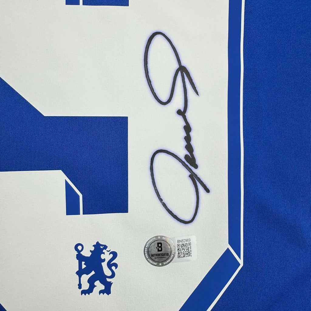 Framed Autographed/Signed Fernando Torres 35x39 Chelsea FC Blue Soccer Futbol Jersey Beckett BAS COA
