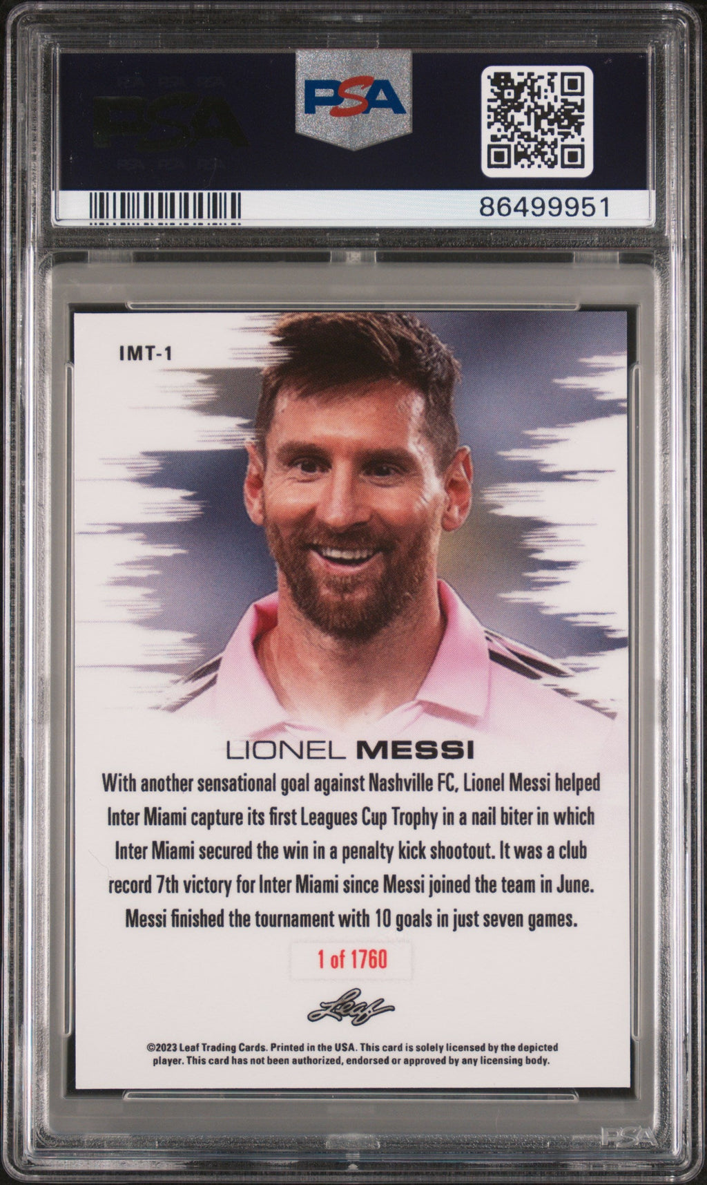 Graded 2023 Leaf Web Exclusives Lionel Messi #IMT1 Wins 1st Inter Miami Trophy in Leagues Cup Soccer Card PSA 10 Gem Mint