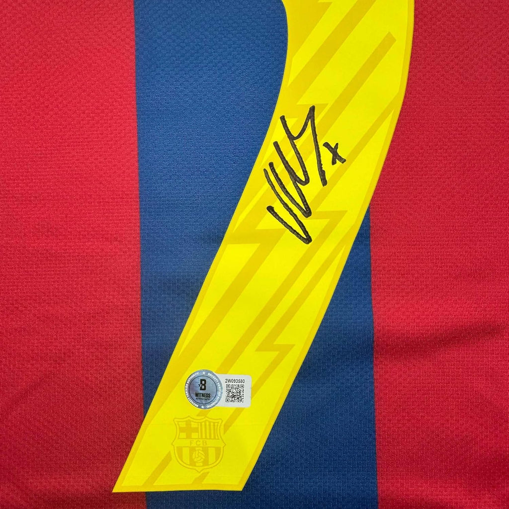 Framed Autographed/Signed David Villa 35x39 FC Barcelona Blue Soccer Jersey Beckett BAS COA