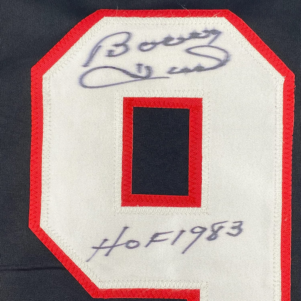 Framed Autographed/Signed Bobby Hull HOF 1983 35x39 Chicago Black Hockey Jersey JSA COA