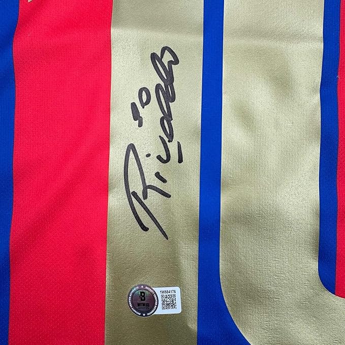 Framed Autographed/Signed Rivaldo 35x39 Ferreira FC Barcelona Blue Soccer Jersey Beckett BAS COA