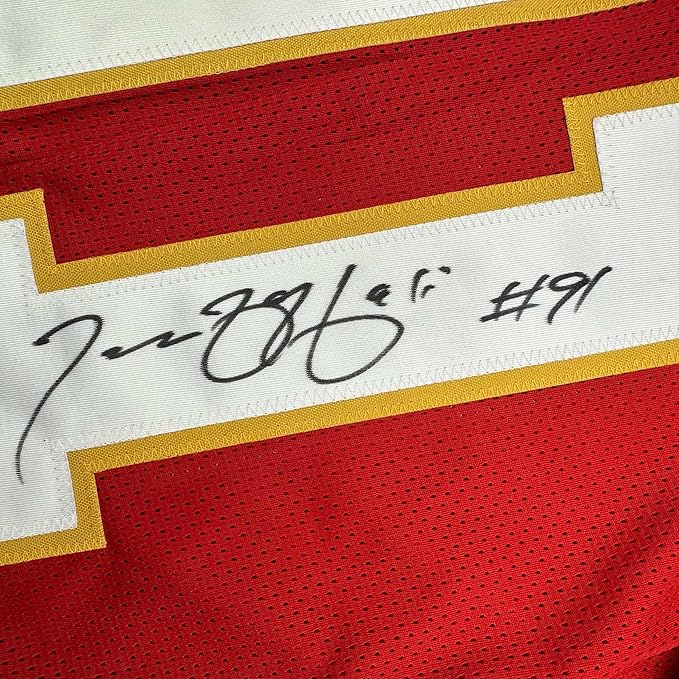 Framed Autographed/Signed Tamba Hali 35x39 Kansas City Red Football Jersey Beckett BAS COA