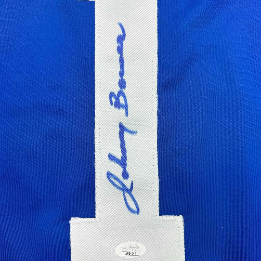 Framed Autographed/Signed Johnny Bower 35x39 Toronto Blue Hockey Jersey JSA COA