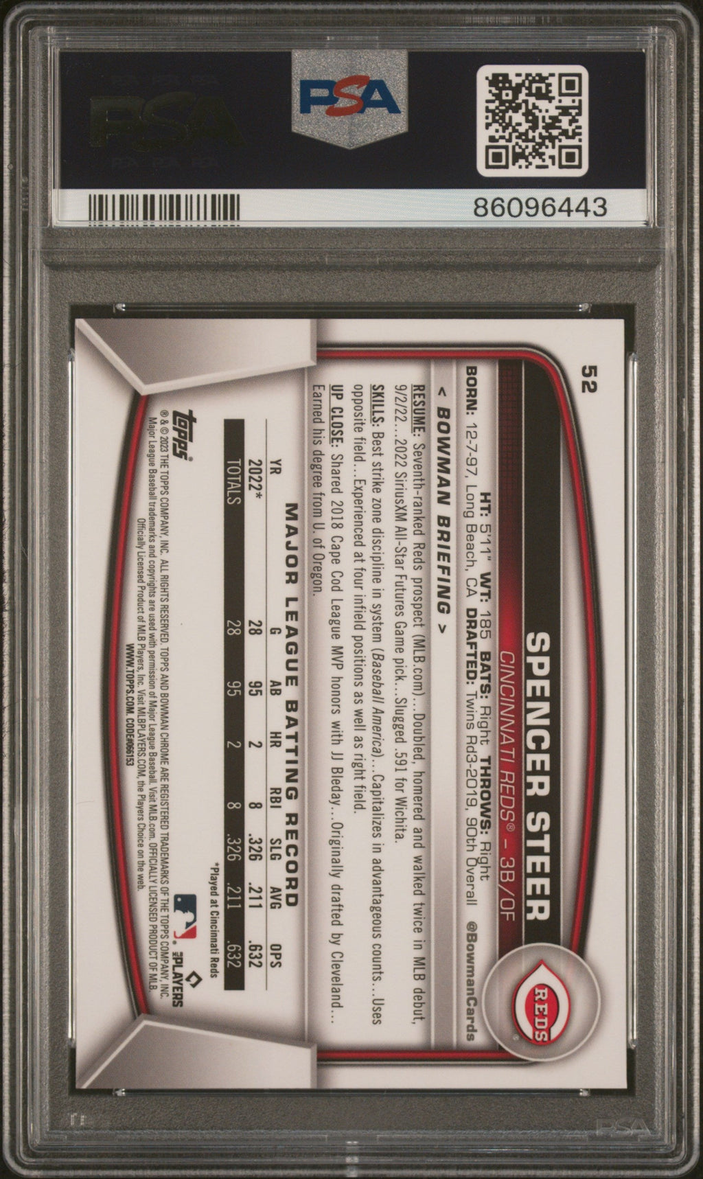 Graded 2023 Topps Bowman Chrome Sapphire Edition Spencer Steer #52 Rookie RC Baseball Card PSA 10 Gem Mint