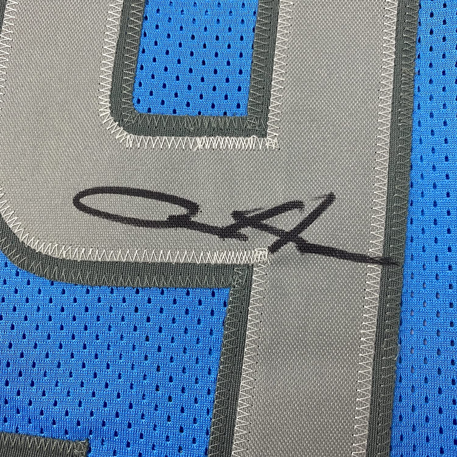 Framed Autographed/Signed Aidan Hutchinson 35x39 Detroit Blue Football Jersey Beckett BAS COA