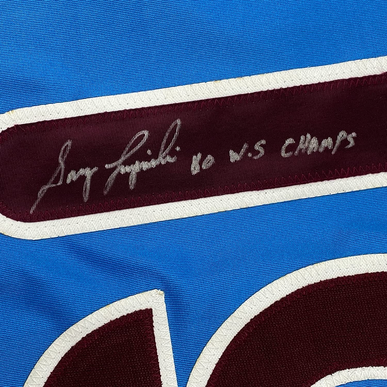 Framed Autographed/Signed Greg Luzinski 35x39 80 WS Champs Philadelphia Retro Blue Baseball Jersey JSA COA