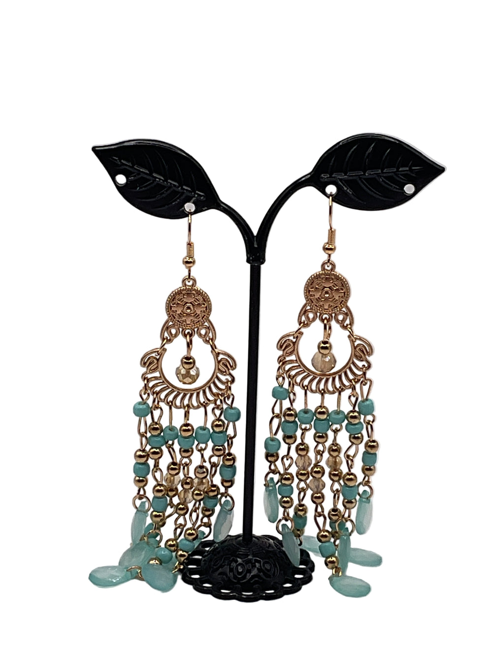 Blue and Golden Beaded Earrings