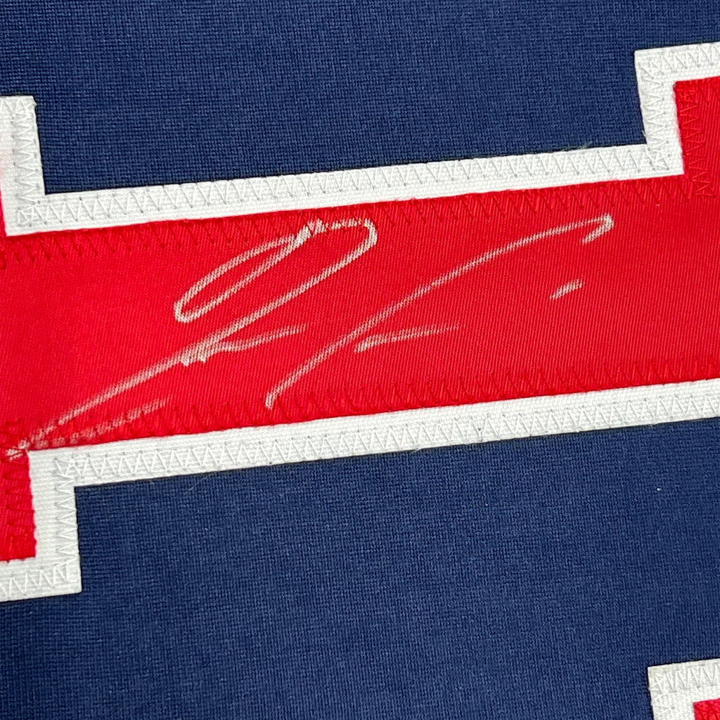 Framed Autographed/Signed Ronald Acuna Jr. 35x39 Atlanta Blue Baseball Jersey JSA COA