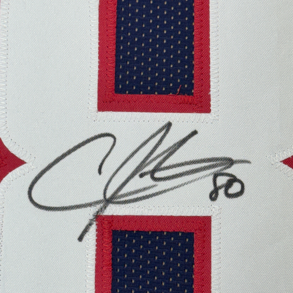 Framed Autographed/Signed Andre Johnson 35x39 Houston Blue Football Jersey JSA COA