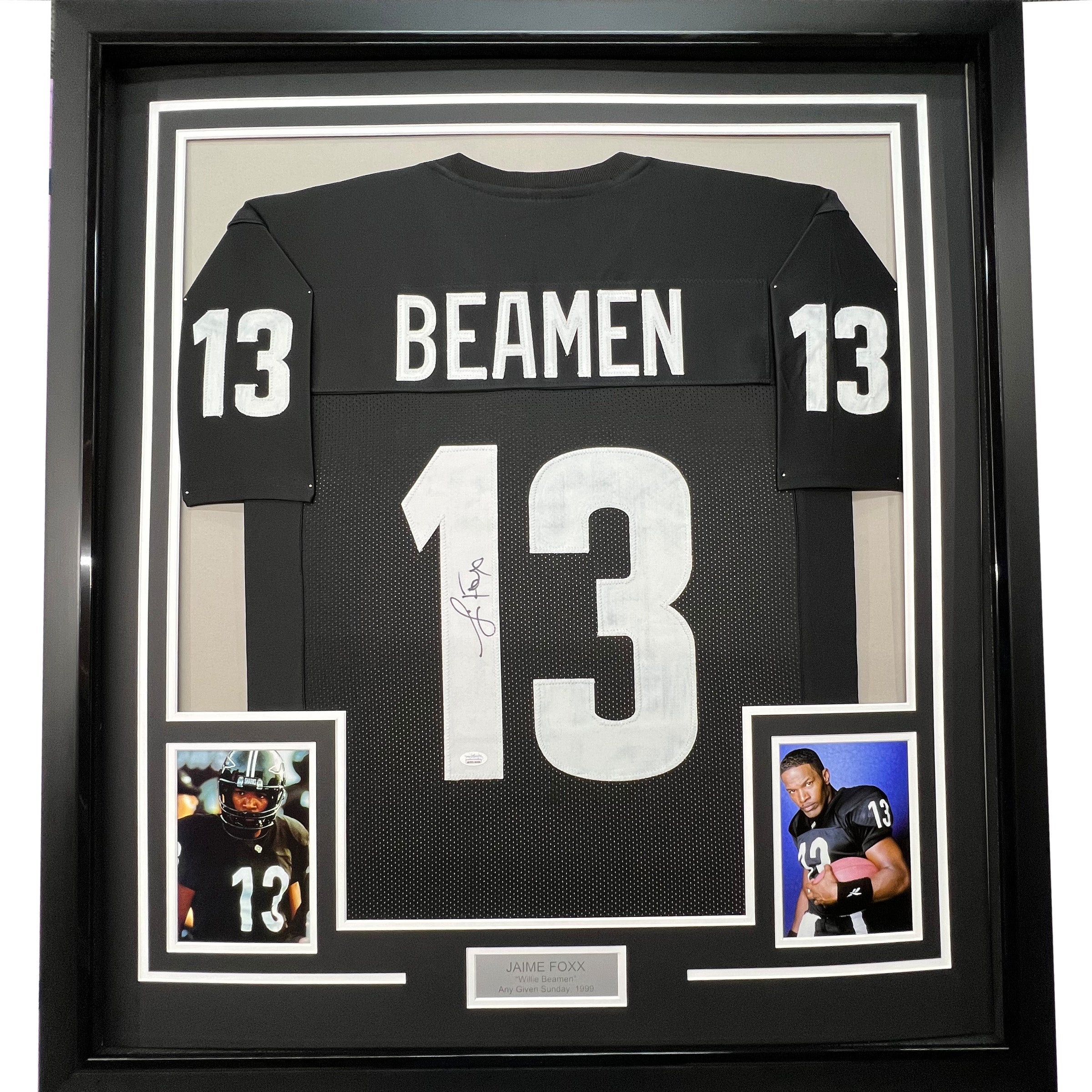 Framed Autographed/Signed Jamie Foxx Willie Beamen 35x39 Any Given Sunday Black Football Jersey JSA COA