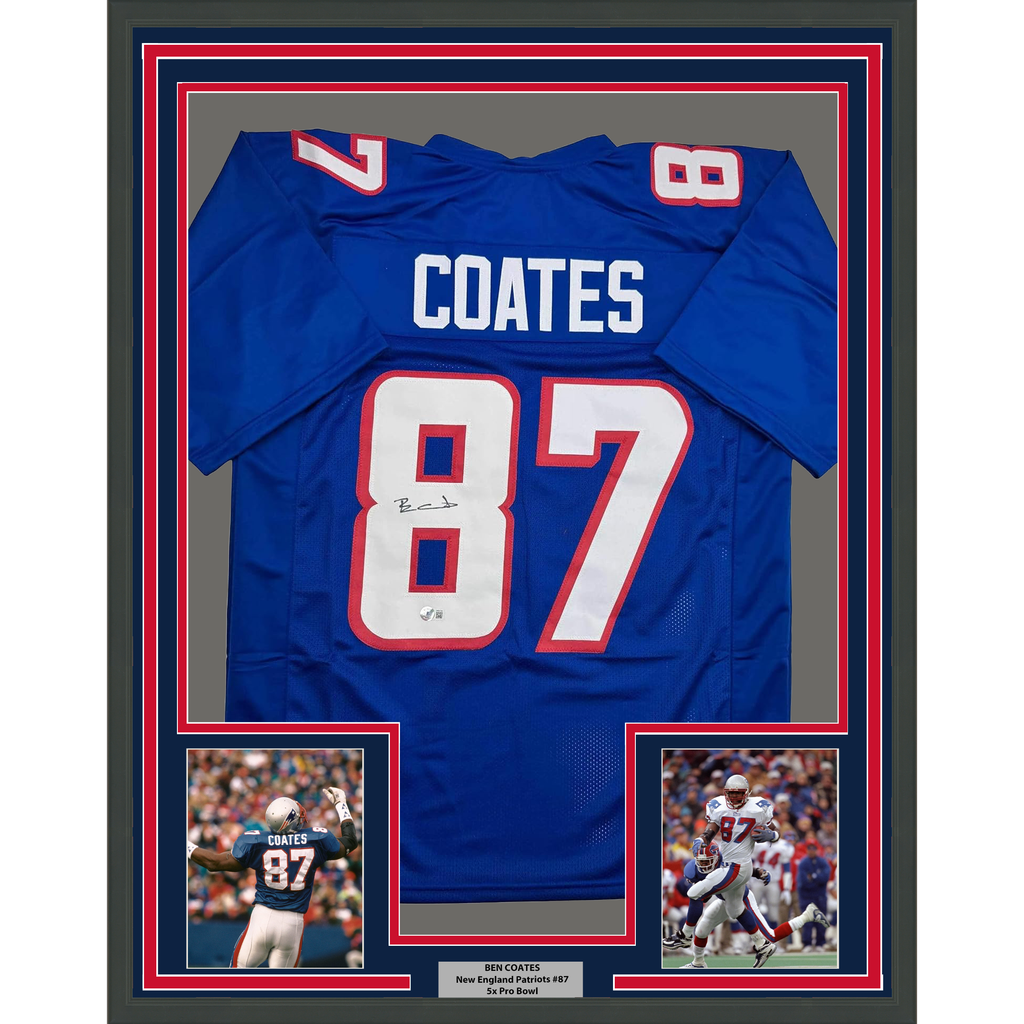 Framed Autographed/Signed Ben Coates 35x39 New England Blue Football Jersey Beckett BAS COA