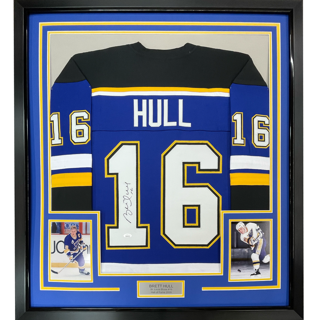 Framed Autographed/Signed Brett Hull 35x39 St. Louis Blue White Numbers Hockey Jersey JSA COA