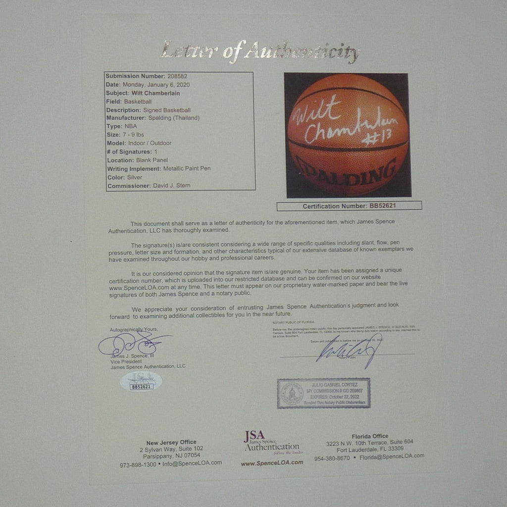 Wilt Chamberlain Autographed NBA Basketball - JSA Letter