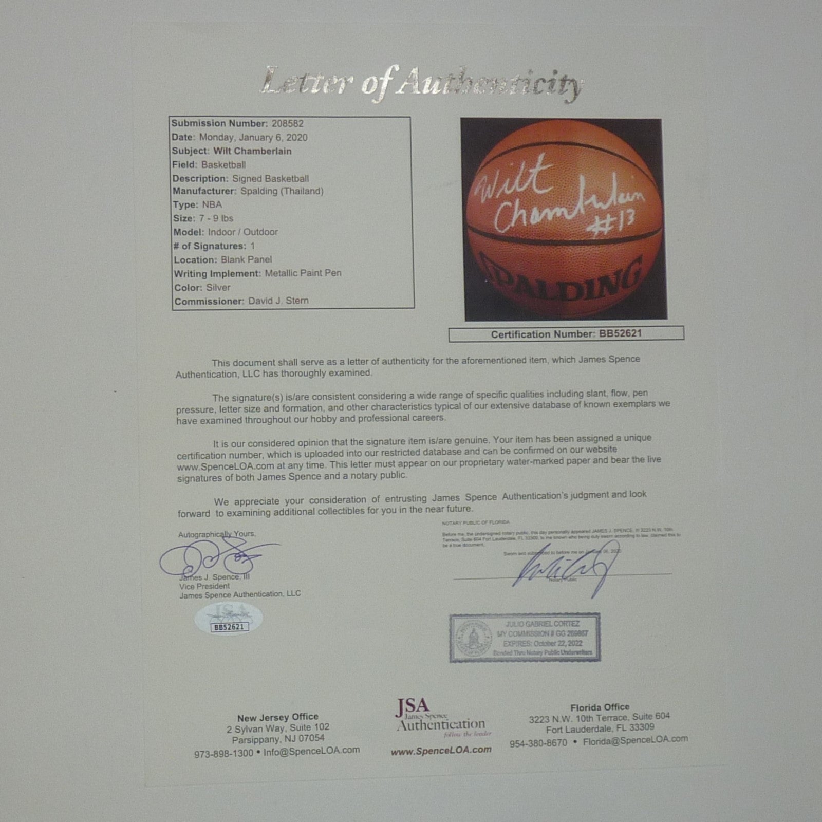 Wilt Chamberlain Autographed NBA Basketball - JSA Letter