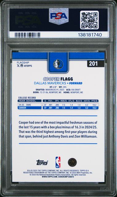 Graded 2025 Topps Cooper Flagg #201 Rookie RC Basketball Card PSA 10 Gem Mint