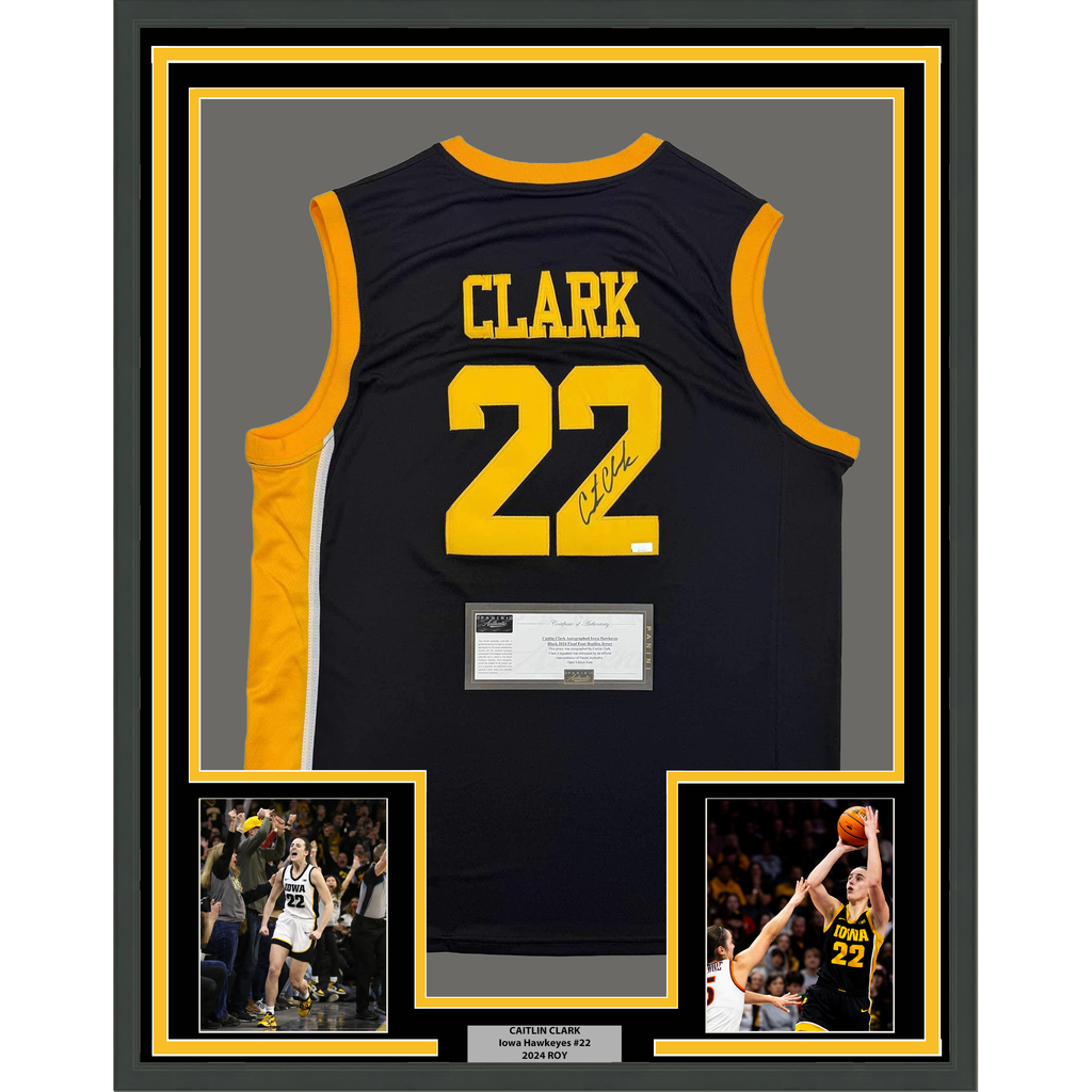 Framed Autographed/Signed Caitlin Clark 35x39 Iowa Black Basketball Jersey Panini COA