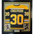 Framed Autographed/Signed Gerry Cheevers 35x39 Boston Black Hockey Jersey JSA COA