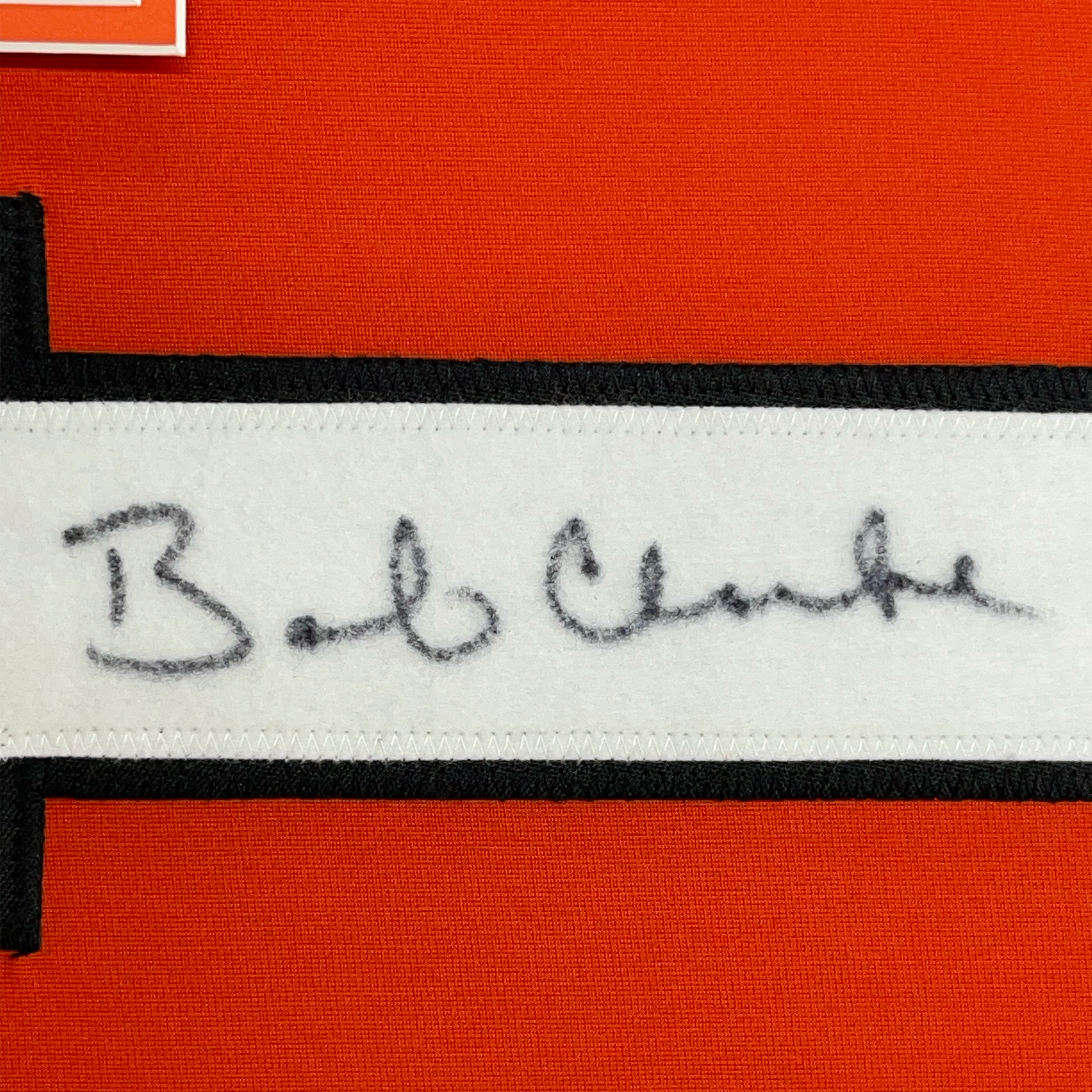 Framed Autographed/Signed Bob Bobby Clarke 35x39 Philadelphia Orange Hockey Jersey JSA COA