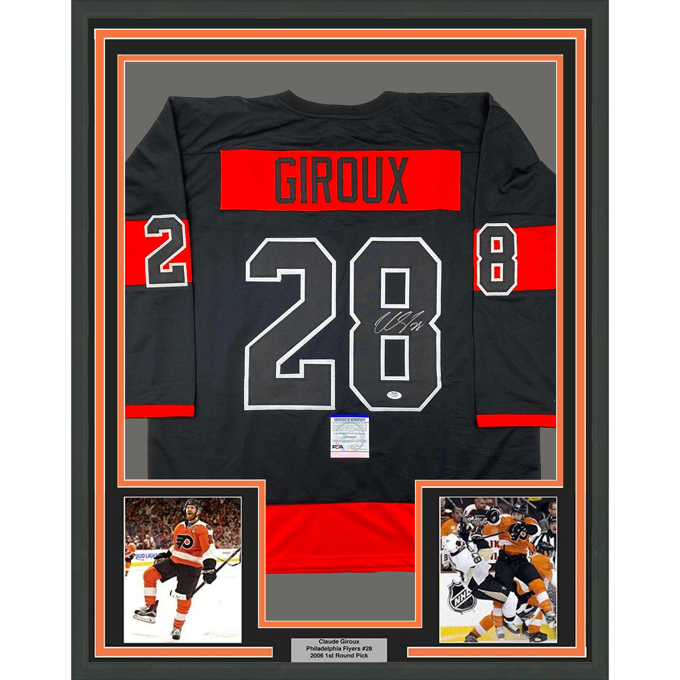 Framed Autographed/Signed Claude Giroux 35x39 Philadelphia Black Hockey Jersey PSA/DNA COA
