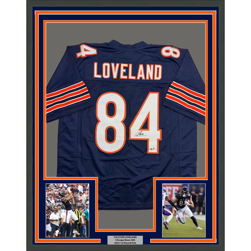 Framed Autographed/Signed Colston Loveland 35x39 Chicago Blue Football Jersey Beckett BAS COA