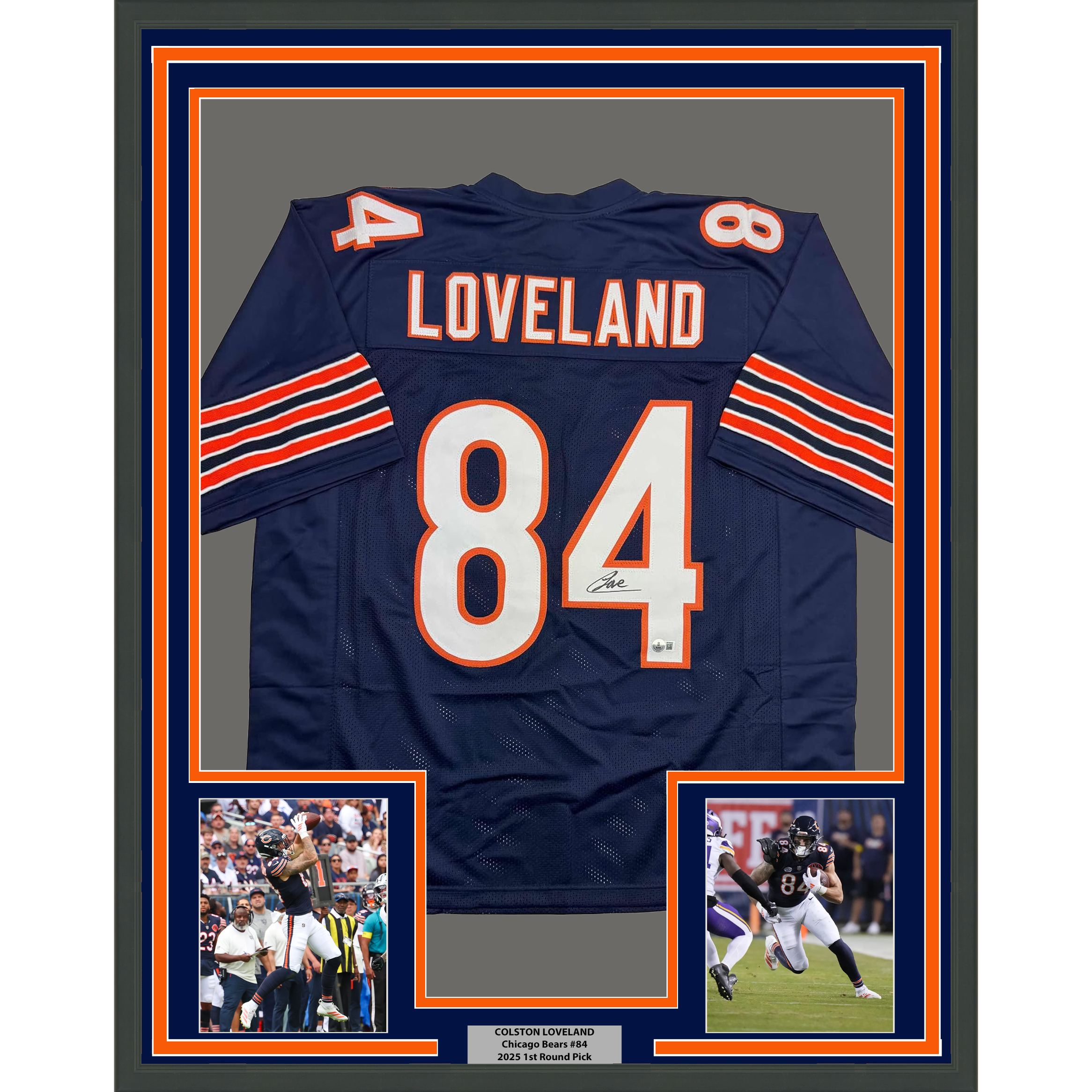 Framed Autographed/Signed Colston Loveland 35x39 Chicago Blue Football Jersey Beckett BAS COA