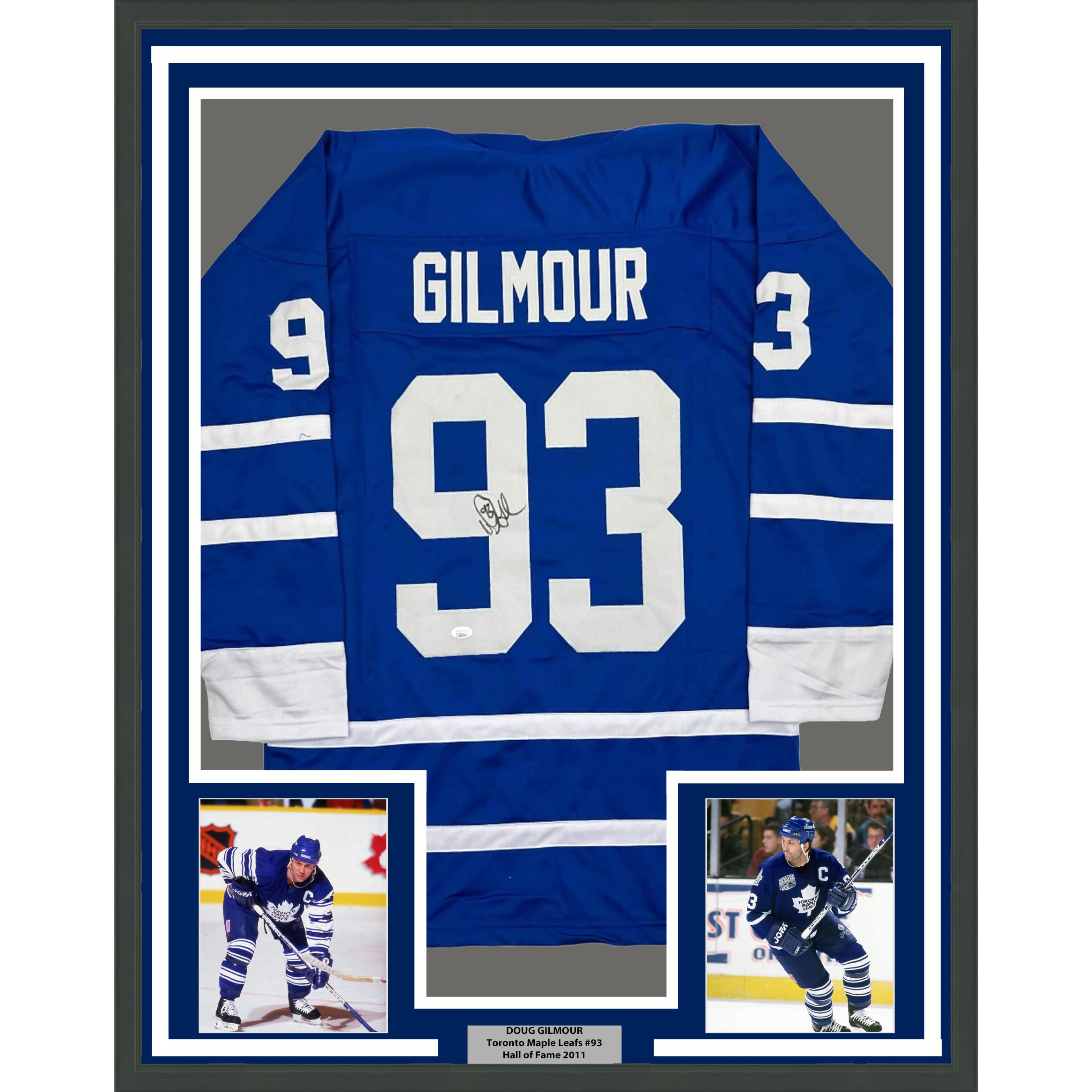 Framed Autographed/Signed Doug Gilmour 35x39 Toronto Blue Hockey Jersey JSA COA