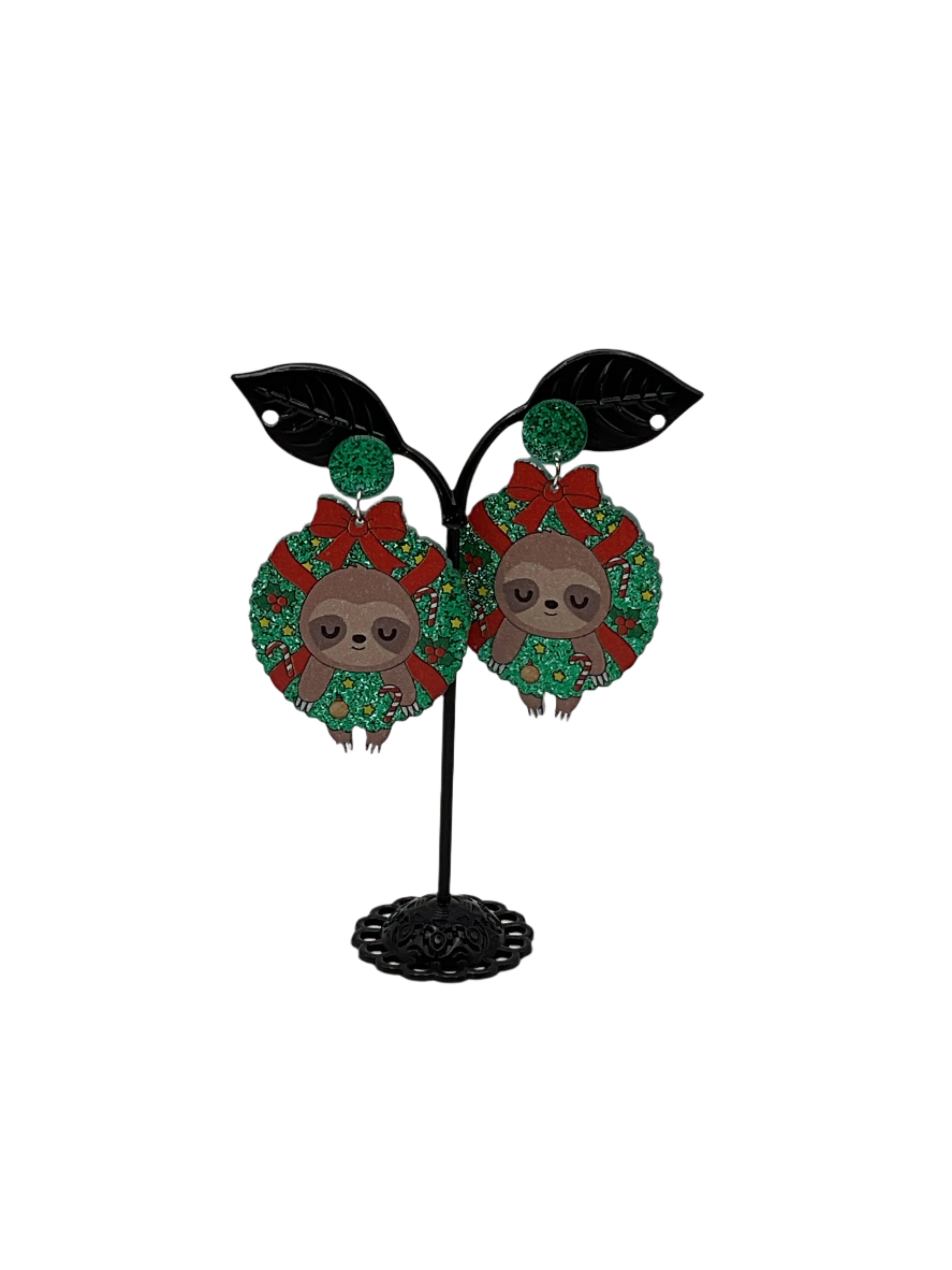 Christmas Sloth in Wreath Earrings