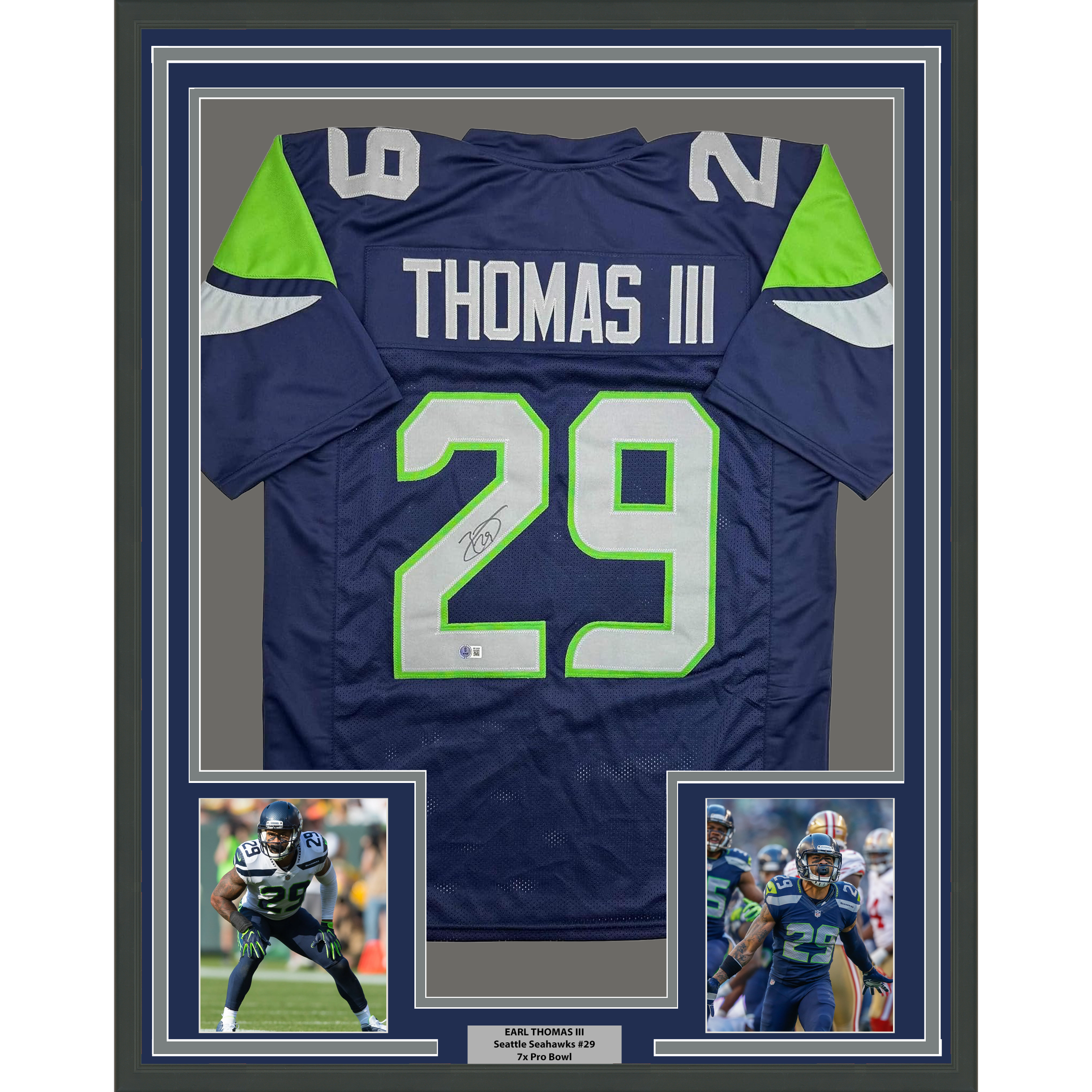 Framed Autographed/Signed Earl Thomas III 35x39 Seattle Blue Football Jersey Beckett BAS COA
