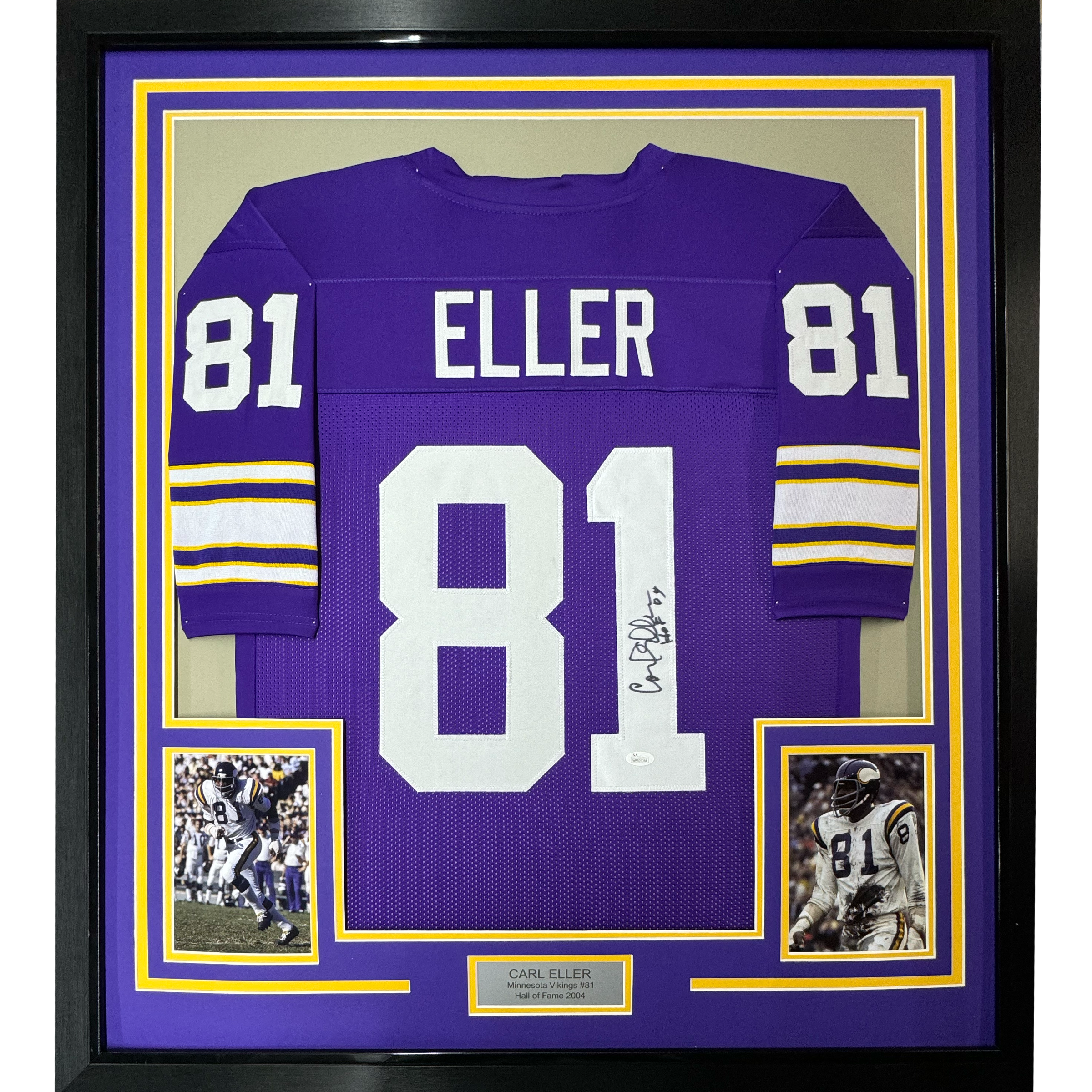 Framed Autographed/Signed Carl Eller HOF 04 35x39 Minnesota Vikings Purple Football Jersey JSA COA