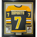 Framed Autographed/Signed Phil Esposito 35x39 Boston Black Hockey Jersey JSA COA