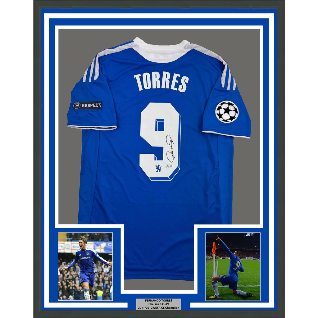 Framed Autographed/Signed Fernando Torres 35x39 Chelsea FC Blue Soccer Futbol Jersey Beckett BAS COA