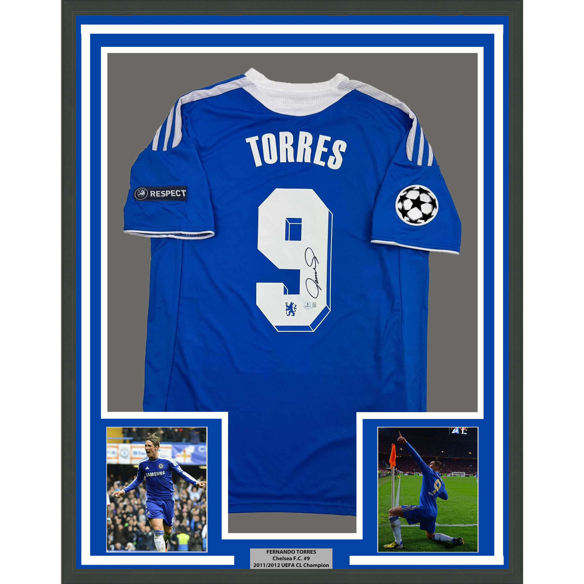 Framed Autographed/Signed Fernando Torres 35x39 Chelsea FC Blue Soccer Futbol Jersey Beckett BAS COA