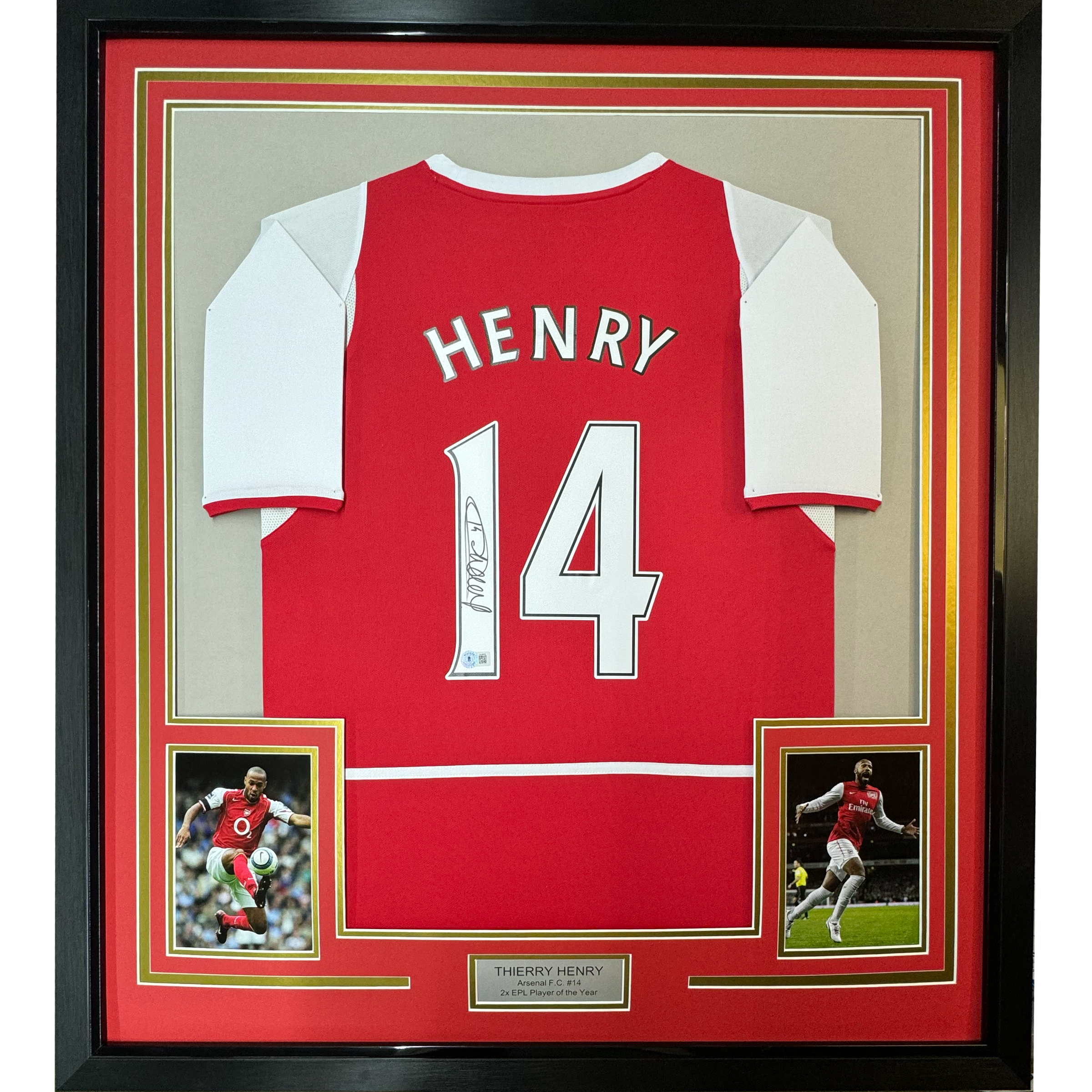 Framed Autographed/Signed Thierry Henry 35x39 Arsenal Red Soccer Jersey Beckett BAS COA
