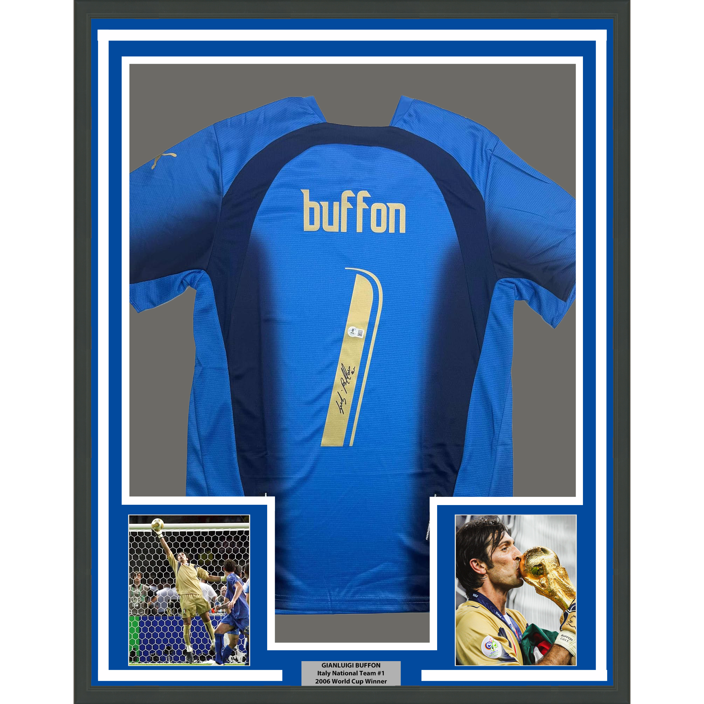 Framed Autographed/Signed Gianluigi Buffon 35x39 Italy Blue Soccer Futbol Jersey Beckett BAS COA