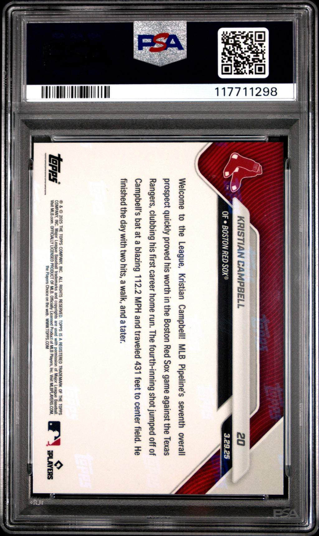 Graded 2025 Topps Now Kristian Campbell #20 Rookie RC Baseball Card PSA 9 Mint