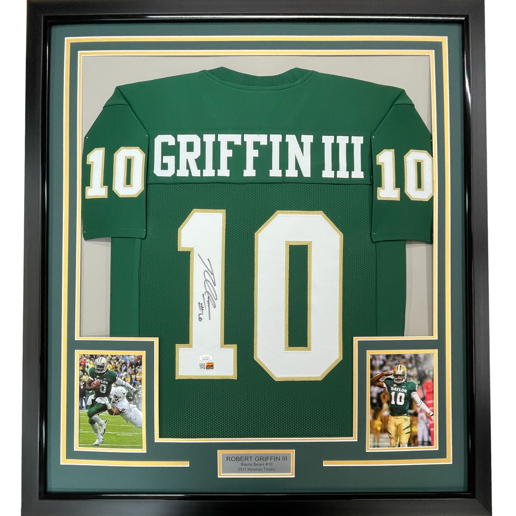 Framed Autographed/Signed Robert Griffin III RG3 35x39 Baylor Green College Football Jersey JSA COA
