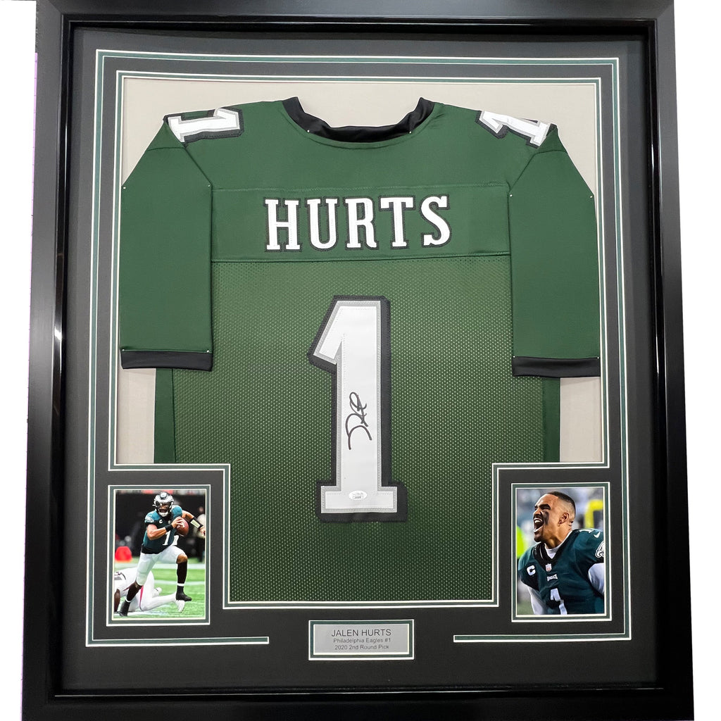 Framed Autographed/Signed Jalen Hurts 35x39 #1 Philadelphia Green Football Jersey JSA COA