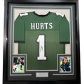 Framed Autographed/Signed Jalen Hurts 35x39 #1 Philadelphia Green Football Jersey JSA COA