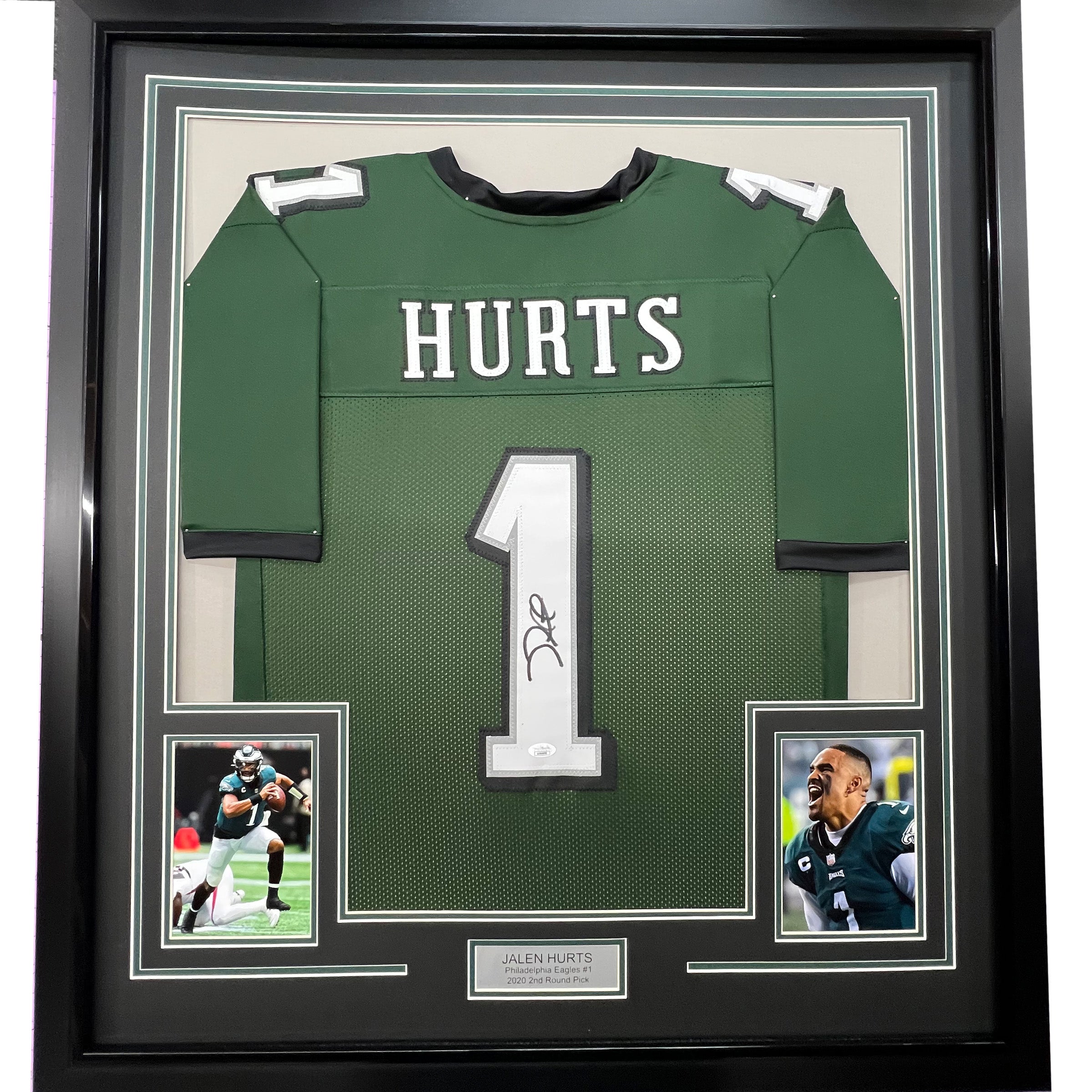 Framed Autographed/Signed Jalen Hurts 35x39 #1 Philadelphia Green Football Jersey JSA COA