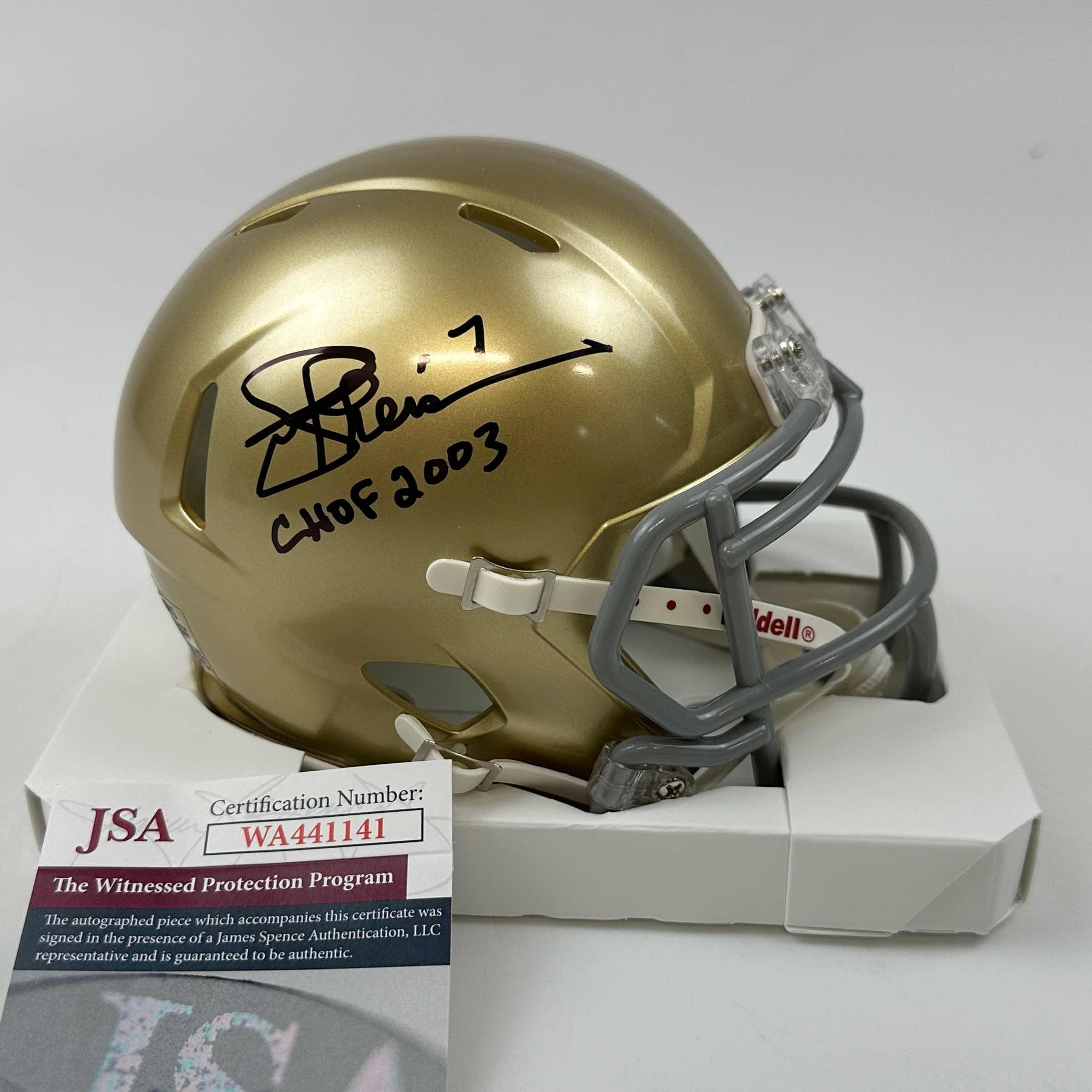 Autographed/Signed Joe Theismann CHOF 2003 Notre Dame Fighting Irish Mini Football Helmet JSA COA