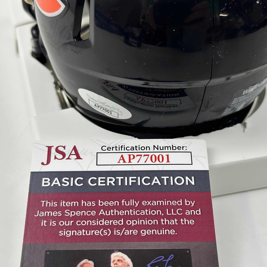 Autographed/Signed Brian Urlacher HOF 18 Chicago Bears Mini Football Helmet JSA COA