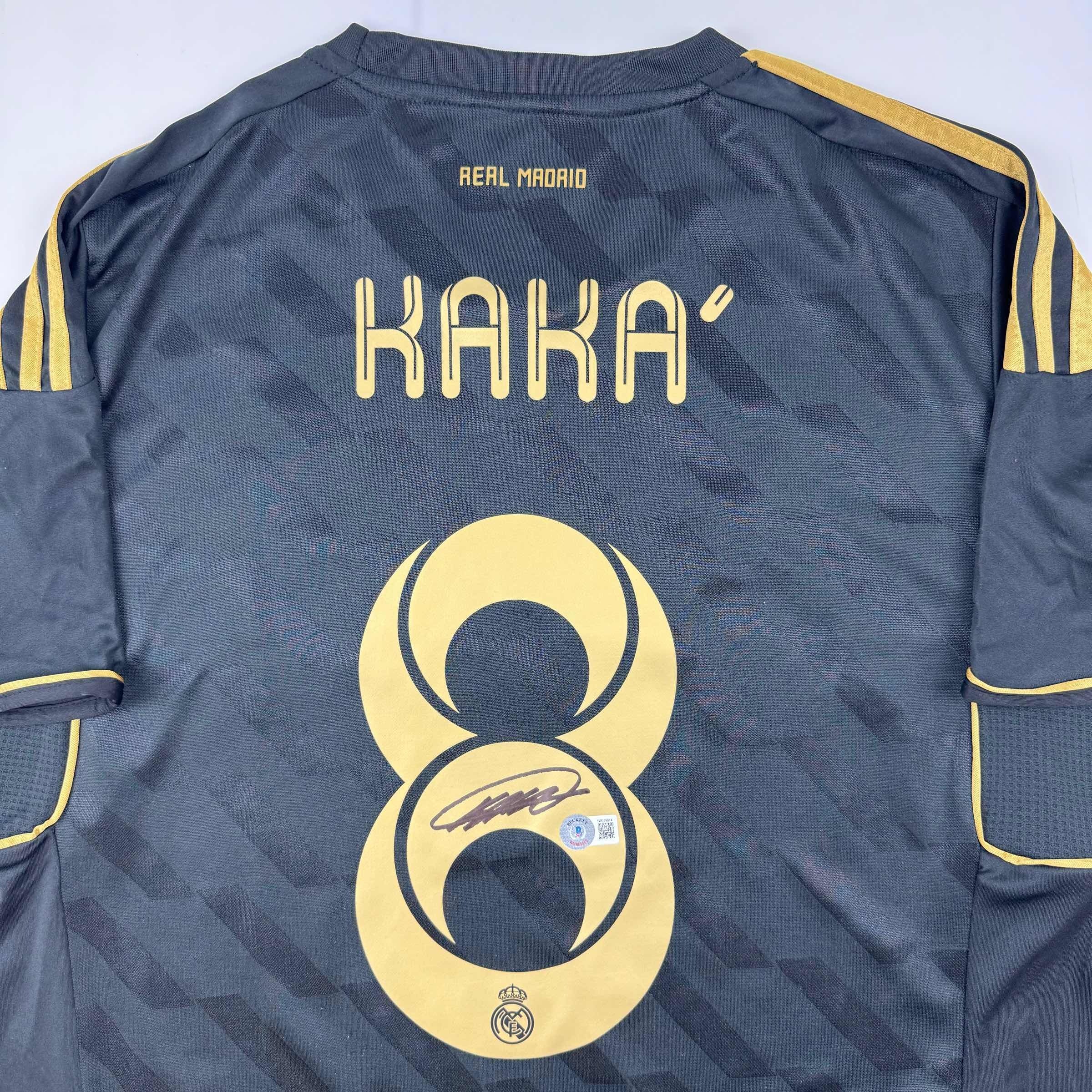 Autographed/Signed Ricardo Kaka Real Madrid Black Retro Soccer Futbol Jersey Beckett BAS COA