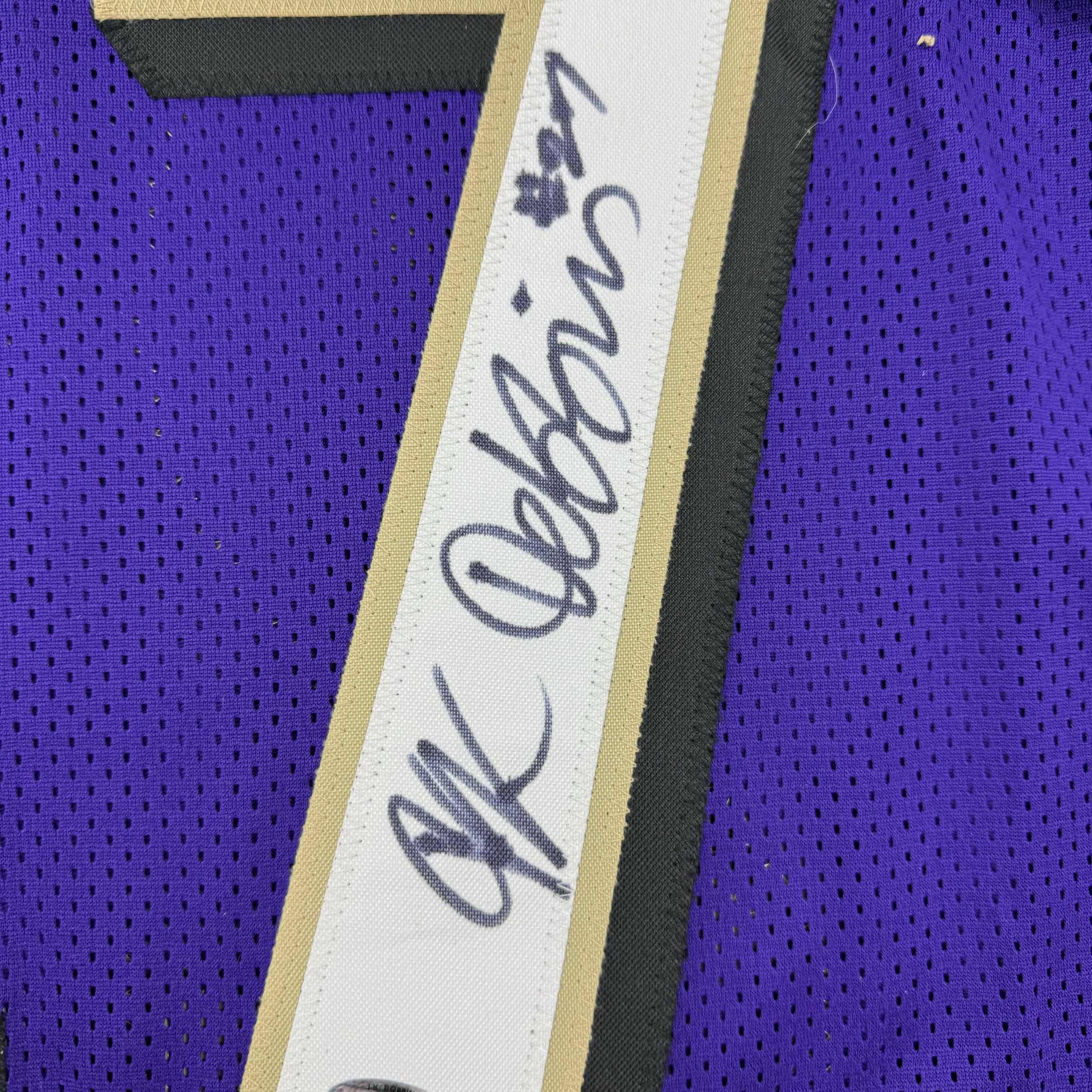Framed Autographed/Signed J.K. Dobbins 35x39 Baltimore Purple Football Jersey JSA COA