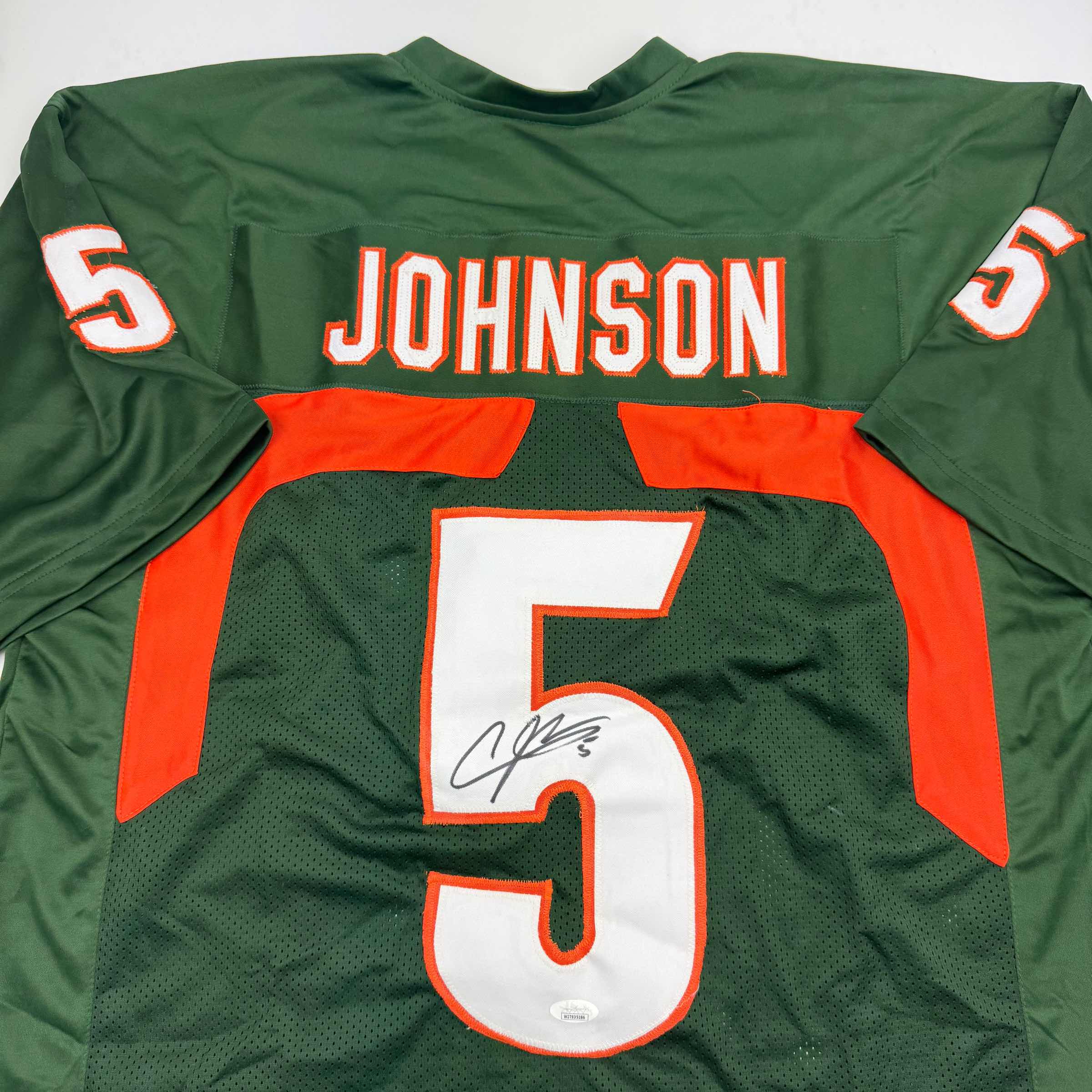 Autographed/Signed Andre Johnson Miami Green College Football Jersey Beckett BAS COA